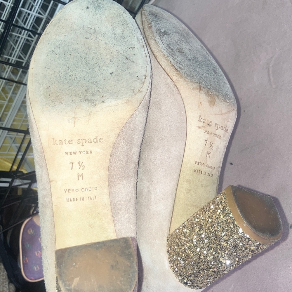 Kate spade 7 1/2 Beige Suede Glitter Block Heel Pumps - Picture 6 of 6
